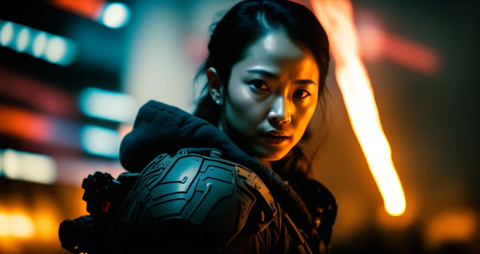 syberart Create a dramatic and action-packed portrait of a young woman in full combat gear, armed and ready to fight against the alien invaders. Use advanced photography and image editing techniques to realistically capture her intense expression and posture, and play with light and shadow to add depth and drama to the image. Incorporate elements of the battlefield, such as debris and destruction, to add context and visual interest to the image. Make sure the image has high resolution and impeccable image quality to ensure a very realistic and dynamic appearance.