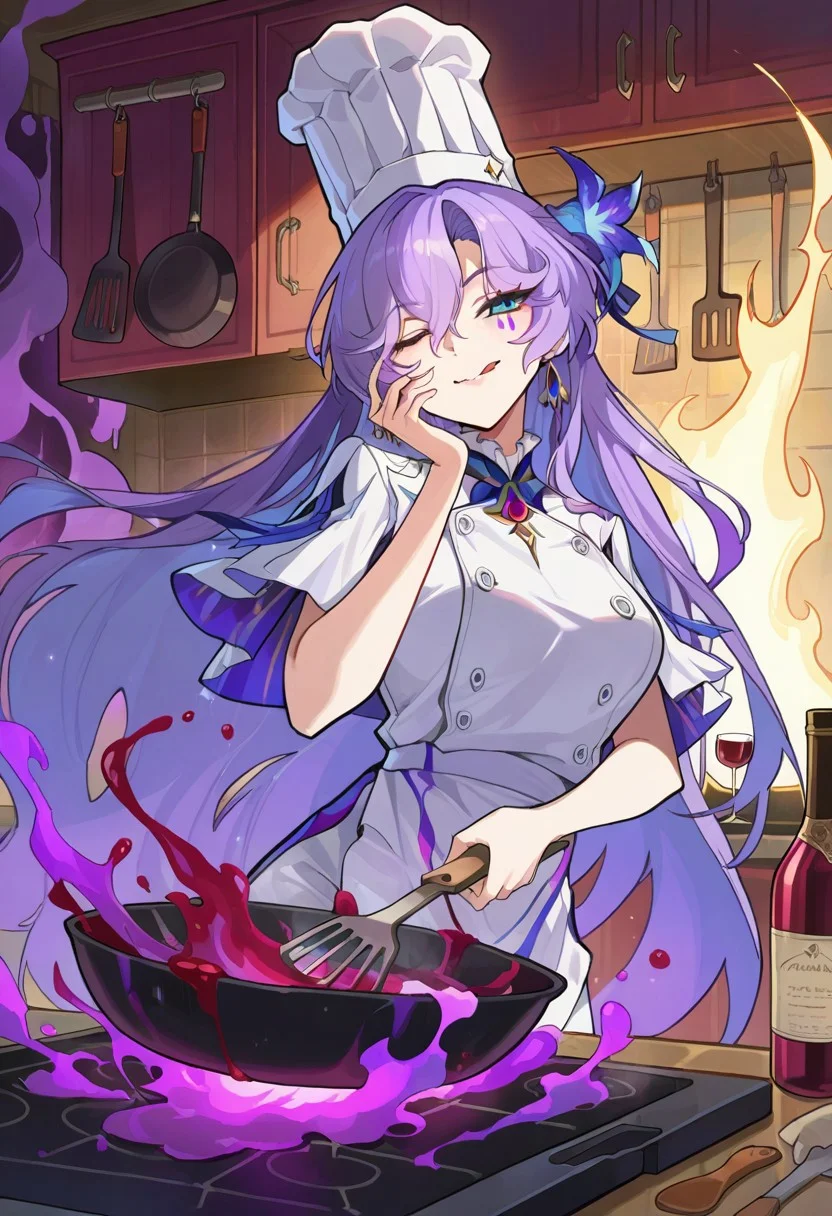 masterpiece,best quality,absurdres,highres,aesthetic,anime,High quality,very awa, easynegative, negative_hand, 1girl, solo, cantarella, 1girl, blue eyes, purple hair, hair between eyes, purple under eye one facial mark,long hair, 1 hair ornament, white chef pants, frills, hair flower, licking lip, smug, winking, chef hat, (white apron), frying pan, spatula, wine bottle, red wine, wine glass, cooking, purple smoke, poisonous dish, burning kitchen, spaghetti