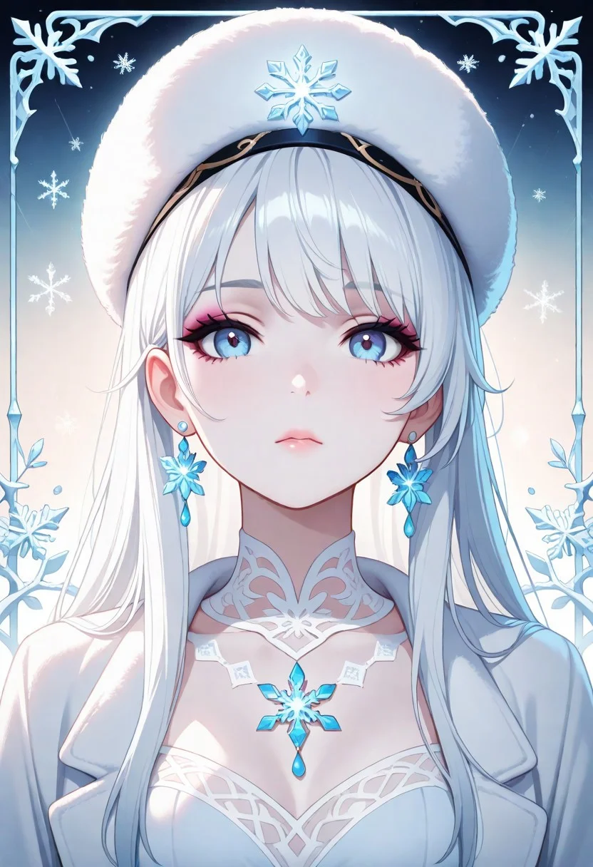 masterpiece, best quality, amazing quality, very aesthetic, flat colors, (artist:rain_rkgk:1), (artist:Tsuaii:1),
A captivating extreme closeup, head-and-shoulders portrait of a lithe ethereal woman with silvery-white hair flowing like silk around her shoulders staring at the viewer. Her pale skin glows softly against a delicate white fur coat and white fur hat. Her ice-blue eyes, framed by soft pink makeup, pearl earrings and dark eyeliner, are mesmerizing, radiating a sense of otherworldly wisdom and mystery. The background is a soft, pale blue gradient and snowflakes, evoking a wintry atmosphere filled with purity and tranquility. The lighting is gentle and even, highlighting her flawless complexion and the delicate textures of her attire. Her expression is calm and enigmatic, as though she is lost in thought or gazing into the infinite. The scene conveys an ethereal beauty, blending softness, serenity, and a hint of mysticism.
