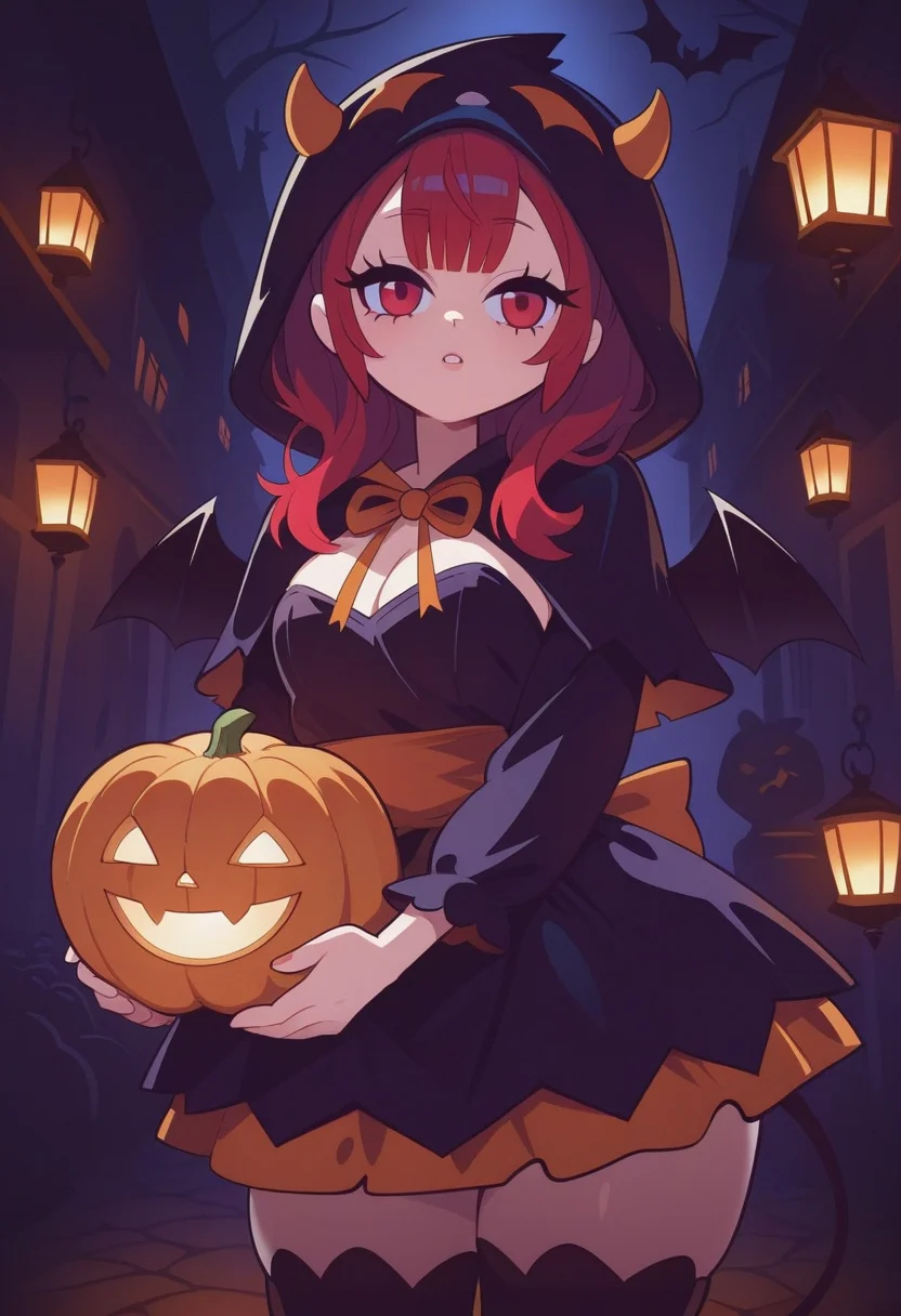 f11ph1style, masterpiece, best quality, solo, 1girl, Halloween town background, devils costume, holding pumpkin, lanterns, eyelashes, dark atmosphere,