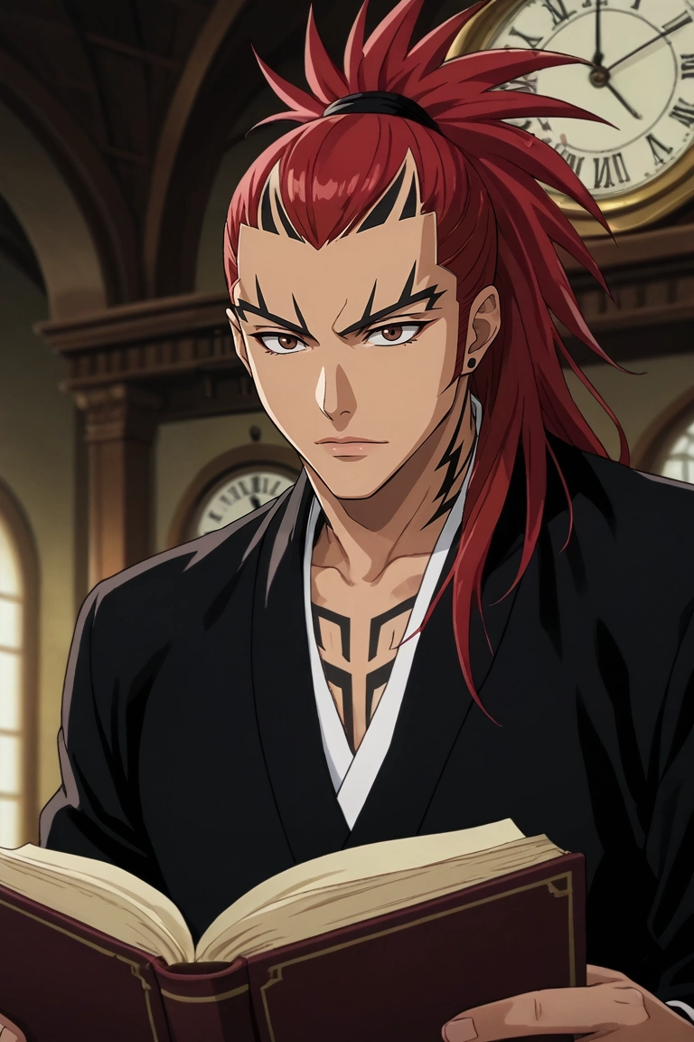 score_9, score_8_up, score_7_up, source_anime, rating_safe, intricate details, anime screencap, anime coloring, , looking at viewer, depth of field, 1boy, solo, male focus, <lora:renji_abarai_pony:0.94>, renji_abarai, red hair, brown eyes, spiked hair, long hair, ponytail, tattoo, , time library, temporal portals, floating books, clock towers, reading pose, absorbed expression, golden light, , <lora:sdxl_lightning_8step_lora:1>