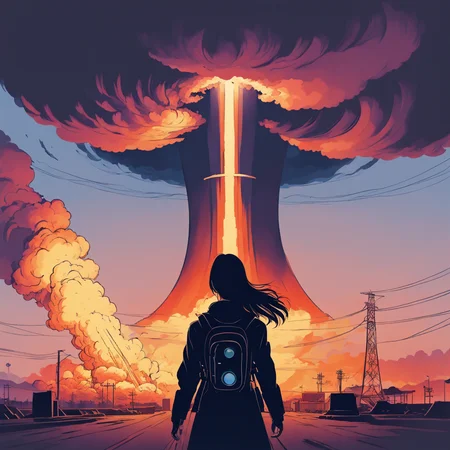 1girl, epic landscape, nuclear explosion, masterpiece, realistic, lineart, flat colors,  <lora:lineartSDXL:1>