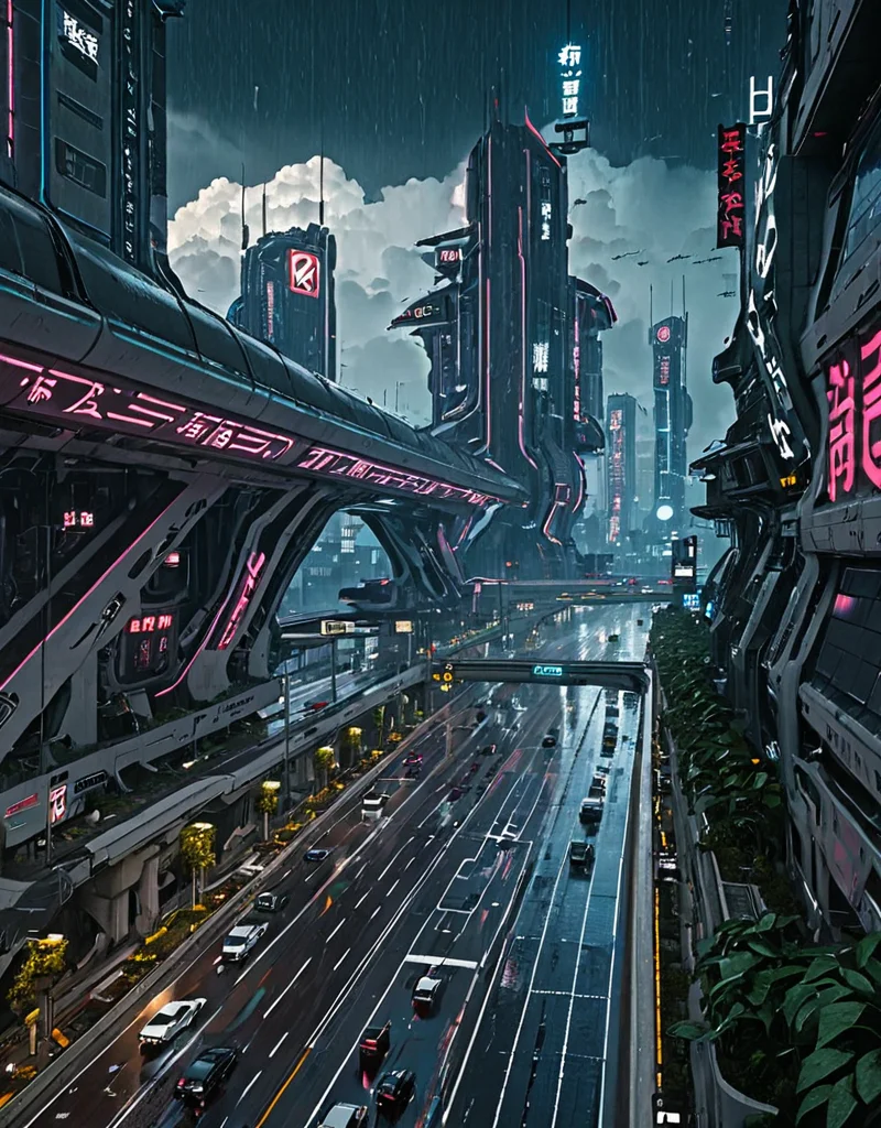 <lora:City_Worlds-1:1> realistic photo of citybkg, cyberpunk, ambiance, day, clouds, airships in the sky, detailed, elevated highway, design buildings, futuristic, side view, high buildings, kanji, illuminated, vegetation, city lights, highway markings, mist, traffic, wet, rain,