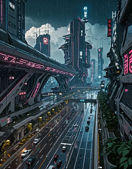 <lora:City_Worlds-1:1> realistic photo of citybkg, cyberpunk, ambiance, day, clouds, airships in the sky, detailed, elevated highway, design buildings, futuristic, side view, high buildings, kanji, illuminated, vegetation, city lights, highway markings, mist, traffic, wet, rain,