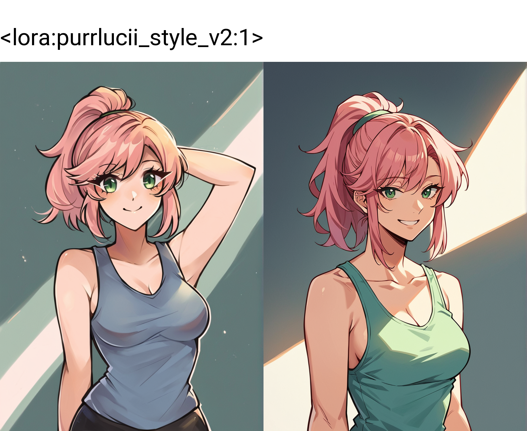 score_9, score_8_up, score_7_up, score_6_up, score_5_up, score_4_up, BREAK source_anime,
1girl, medium breasts, pink hair, medium hair, ponytail, green eyes, tank top, smile
<lora:purrlucii_style_v2:1>