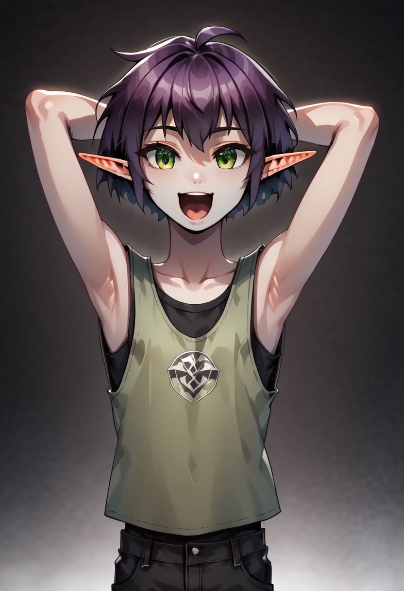 Lapanya, 1 person, solo, dynamic view, pointy ears, ((snout nose)):1.3 flat chest, small nostrils, short stature, skinny arms, ((singing, open mouth, arms overhead, dancing:1.2)), fair skin, ((dark lilac hair)), short hair, tomboy haircut, small nostrils, 3 fingers 1 thumb ((Sleeveless green vest, fitted black undershirt, black pantaloons, fully clothed)),
((Organic cavern background)):1.2, caveruinsPOV,  
clean lines, up close, upper body focus, highly detailed face, detailed background, high quality, best quality,  score: 9, score: 8 up, rating: safe