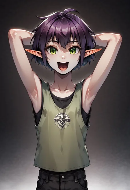 Lapanya, 1 person, solo, dynamic view, pointy ears, ((snout nose)):1.3 flat chest, small nostrils, short stature, skinny arms, ((singing, open mouth, arms overhead, dancing:1.2)), fair skin, ((dark lilac hair)), short hair, tomboy haircut, small nostrils, 3 fingers 1 thumb ((Sleeveless green vest, fitted black undershirt, black pantaloons, fully clothed)),
((Organic cavern background)):1.2, caveruinsPOV,
clean lines, up close, upper body focus, highly detailed face, detailed background, high quality, best quality, score: 9, score: 8 up, rating: safe