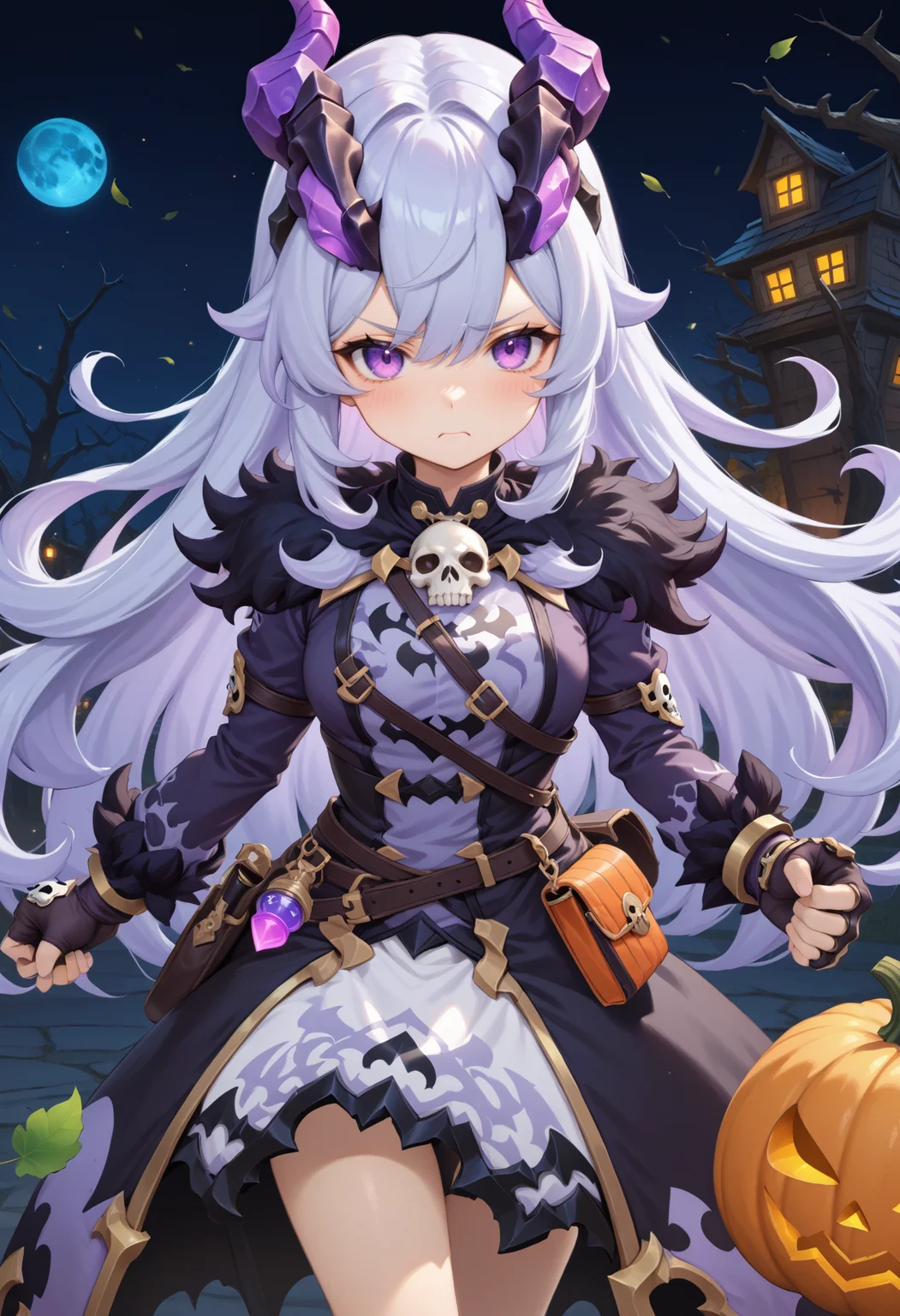 masterpiece, best quality, very aesthetic, absurdres, rom_hela_xl,
1girl, purple hair, horns, purple eyes, grumpy, skull on chest, fingerless gloves, saddlebag, potions on waist,
clenched hands, haunted house, withered trees, bats, halloween, pumpkin,
outdoors, moon, (wind, falling leaves, light particles:1.4), light rays, tyndall effect, vivid colors, tranquil and magical atmosphere,
shiny skin, beautiful face, beautiful eyes, extreme detailed, official art, professional illustration, hires,
<lora:rom_hela_xl:1>, <lora:aesthetic_anime_v1s:0.5>, <lora:add_details_xl:0.5>
