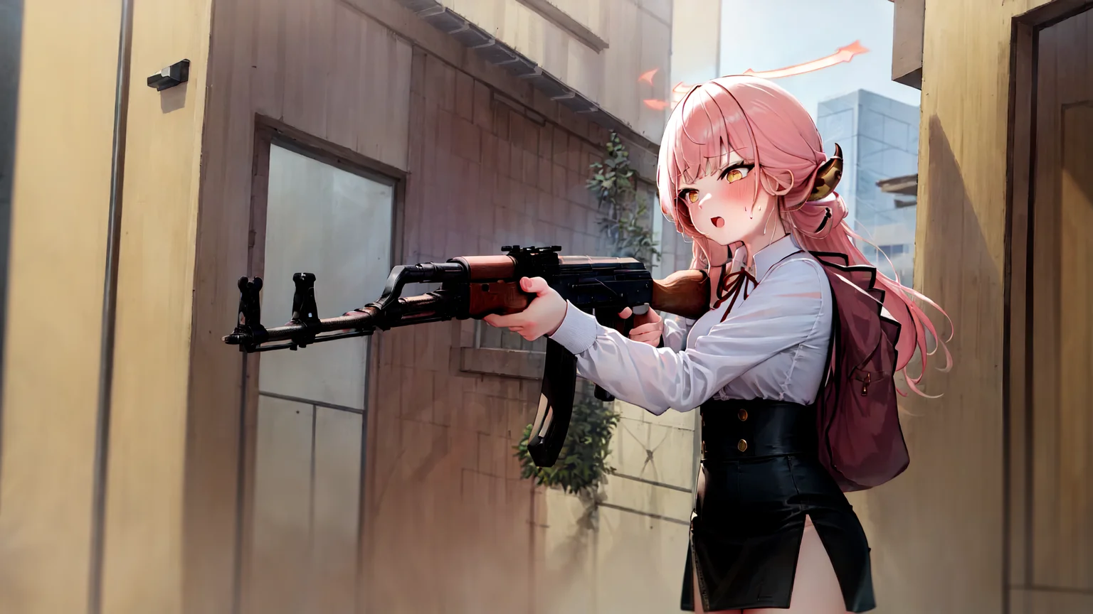 masterpiece, best quality, high resolution, 1girl, solo, open_mouth, embarrassed, sweatdrop, halo, pink_hair, yellow_eyes, horns, white_shirt, red_neck_ribbon, black_skirt, (pencil_skirt + high-waist_skirt:1.0), holding gun, ak-47, akm, assault rifle, kalashnikov rifle, (aiming:1.2), (from_side:1.2), city, street, <lora:aruLoraCollectionOf_rikuhachimaLORA:1>, <lora:ak47_7:1>, cowboy_shot