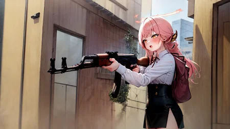 masterpiece, best quality, high resolution, 1girl, solo, open_mouth, embarrassed, sweatdrop, halo, pink_hair, yellow_eyes, horns, white_shirt, red_neck_ribbon, black_skirt, (pencil_skirt + high-waist_skirt:1.0), holding gun, ak-47, akm, assault rifle, kalashnikov rifle, (aiming:1.2), (from_side:1.2), city, street, <lora:aruLoraCollectionOf_rikuhachimaLORA:1>, <lora:ak47_7:1>, cowboy_shot