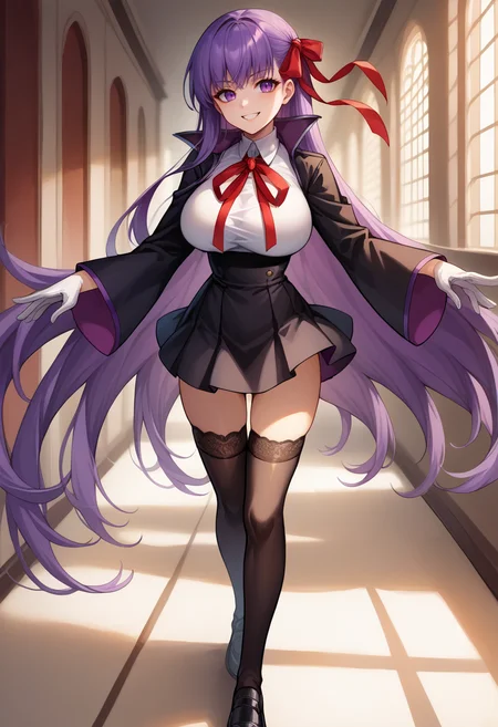score_9, score_8_up, source_anime, 1girl, solo, BBBase, purple eyes, long hair, purple hair, hair ribbon, neck ribbon, red ribbon, white shirt, black skirt, high-waist skirt, white gloves, black thighhighs, lace-trimmed legwear, black coat, popped collar, smile, indoors, corridor, <lora:CHAR-BBFatePonyXL:1>