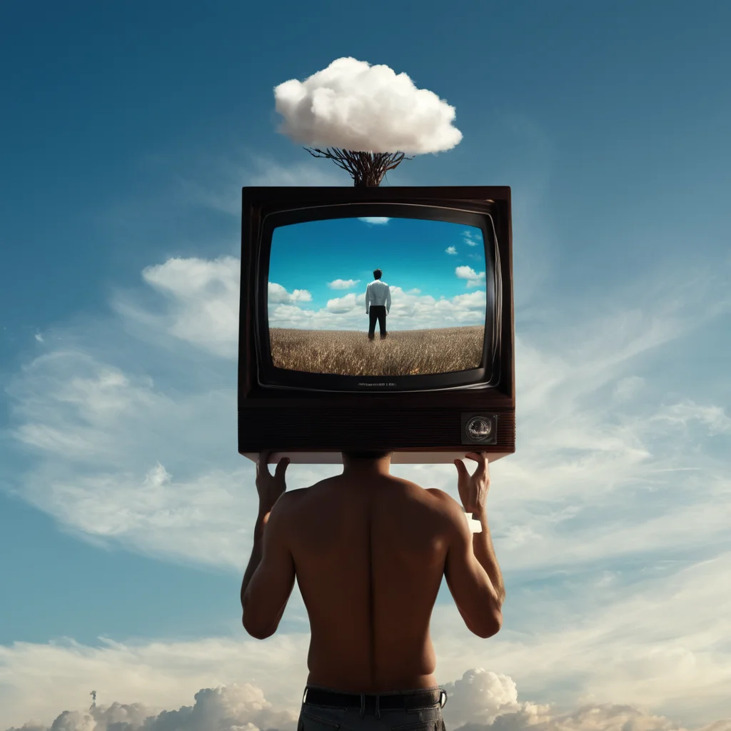 Surrealism, <lora:Surrealism style:1>
A surrealism photo of a man with a television on his head,solo,1boy,male focus,nude,sky,cloud,muscular,abs,television,monitor , realistic, realism, photorealism, hyperrealism, hyperrealistic, realistic, sharp, detailed, cinematography style, film light style, movie still, professional photography, artistic, perfection, contrast, cinematic, filmic, high quality photo, 8k quality, colorful, photography style, absurd, bizarre, eerie, fanciful, fantastic, ludicrous, monstrous, odd, outlandish, preposterous, ridiculous, strange, whimsical, wired, disturbing, surrealist, surrealism style, Andre Breton style, expressive, dramatic, organic lines and forms, dreamlike, mysterious, Surrealism