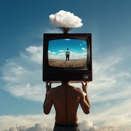 Surrealism,  <lora:Surrealism style:1>
A surrealism photo of a man with a television on his head,solo,1boy,male focus,nude,sky,cloud,muscular,abs,television,monitor , realistic, realism, photorealism, hyperrealism, hyperrealistic, realistic, sharp, detailed, cinematography style, film light style, movie still,  professional photography, artistic, perfection, contrast, cinematic, filmic, high quality photo,  8k quality, colorful, photography style, absurd, bizarre, eerie, fanciful, fantastic, ludicrous, monstrous, odd, outlandish, preposterous, ridiculous, strange, whimsical, wired, disturbing, surrealist, surrealism style, Andre Breton style, expressive, dramatic, organic lines and forms, dreamlike, mysterious, Surrealism