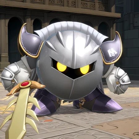 MetaknightXL, mask, yellow eyes, sword,<lora:MetaknightXL:1>, grey outfit, (anime, masterpiece, intricate:1.3), (best quality, hires textures, high detail:1.2), (4k),(incredibly detailed:1.4),UHD, 8K, ultra detailed