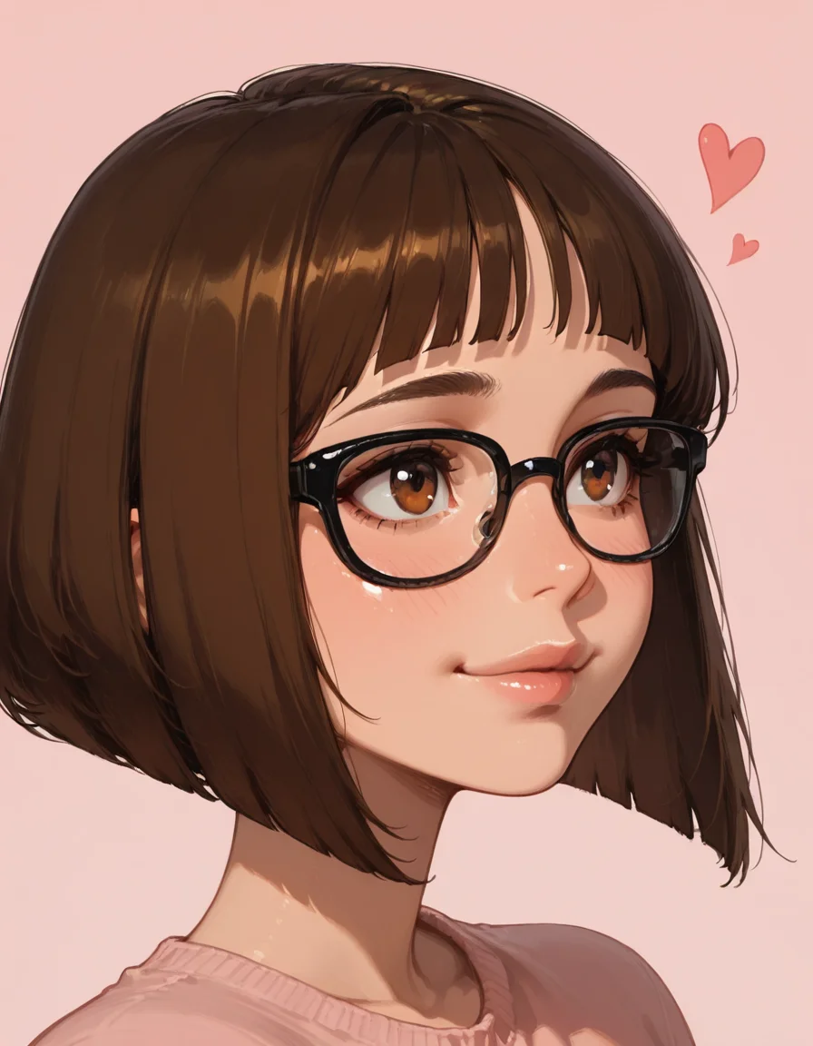 ClaraC, brown hair, short bob cut, brown eyes, black framed glasses,
love, loving attitude, light pink background, pink pull
((portrait)), ((face focus))