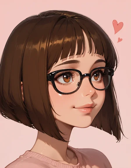 ClaraC, brown hair, short bob cut, brown eyes, black framed glasses,
love, loving attitude, light pink background, pink pull
((portrait)), ((face focus))