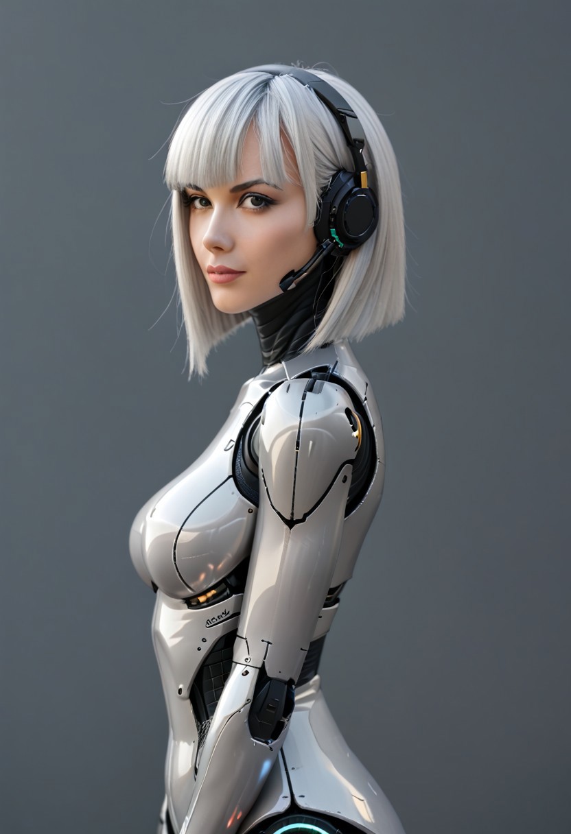 A 35mm photo of a beautiful robotic woman, she has a faceless robotic head, robot, silver hair, silver mesh bodysuit, robotic joints