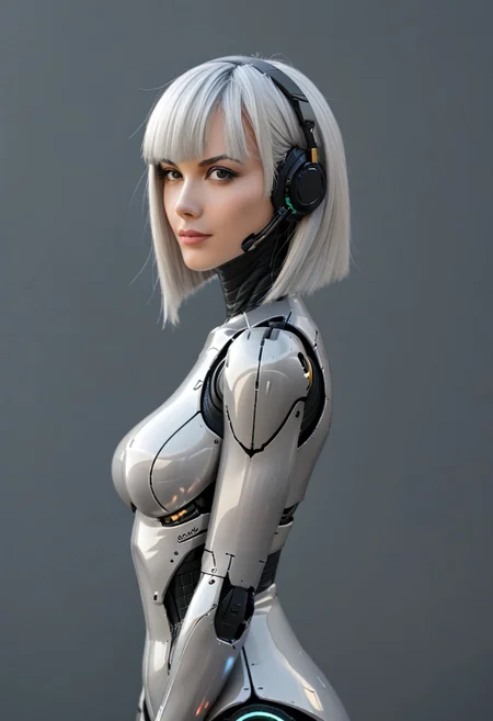 A 35mm photo of a beautiful robotic woman, she has a faceless robotic head, robot, silver hair, silver mesh bodysuit, robotic joints