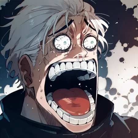 score_9, score_8_up, score_7_up, score_6_up, score_5_up, score_4_up, score_9, score_9,SatoruGojo,enel face,open mouth,sweat,teeth,wide-eyed,constricted pupils,