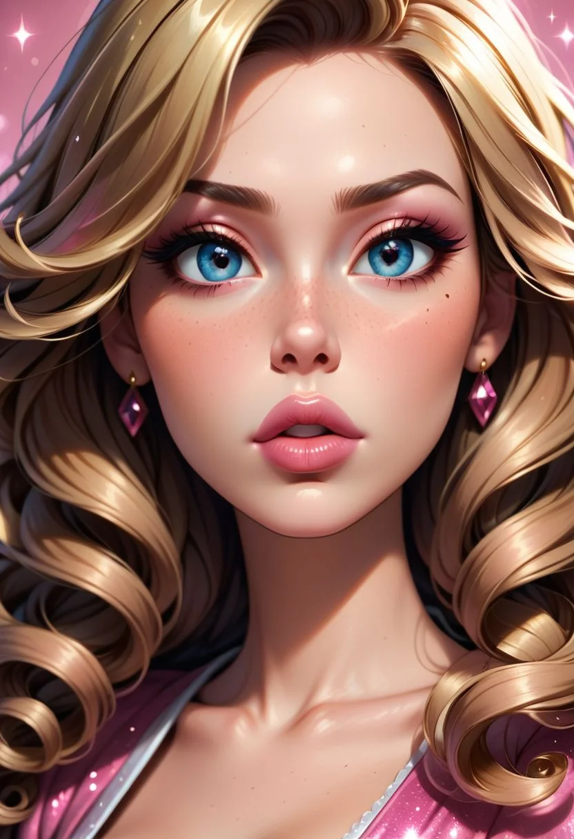 (score_9, score_8_up:1.1), score_7_up,pink theme background,glitter,sparkles,shiny,1girl, woman, 1girl, solo, close up, jewelry, brown hair, lips, pouty lips, pink lips, jewelry, earrings, blonde hair, long curly hair, (looking at viewer:1.1), perfect eyes, pupils, blue eyes, eyelashes, perfect skin, high resolution, best quality, ultra detailed