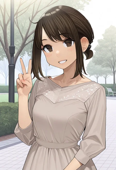 woman, douki-chan_(douki-chan), brown hair, hair tie, sidelocks, brown eyes, earrings, wearing a gown, V hand pose, park, high quality, best quality, masterpiece, 4k resolution, anime