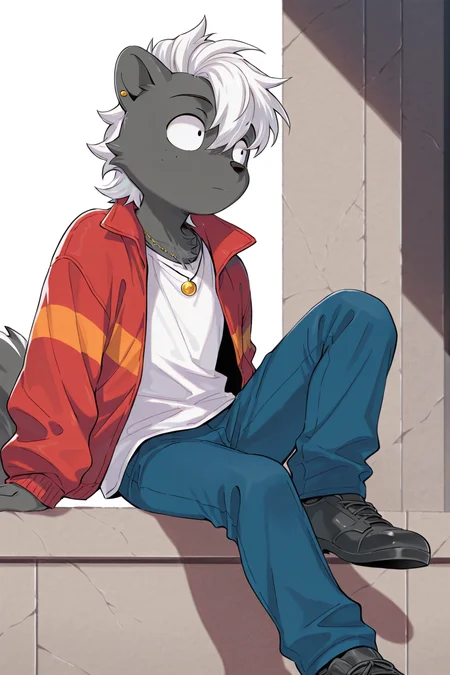 score_9, score_8_up, score_7_up, score_6_up, 1boy, solo, shunimai, skunk boy, furry male, white hair, dark gray fur, ear piercing, freckles, jewelry, necklace, red jacket, blue pants, black shoes, white shirt