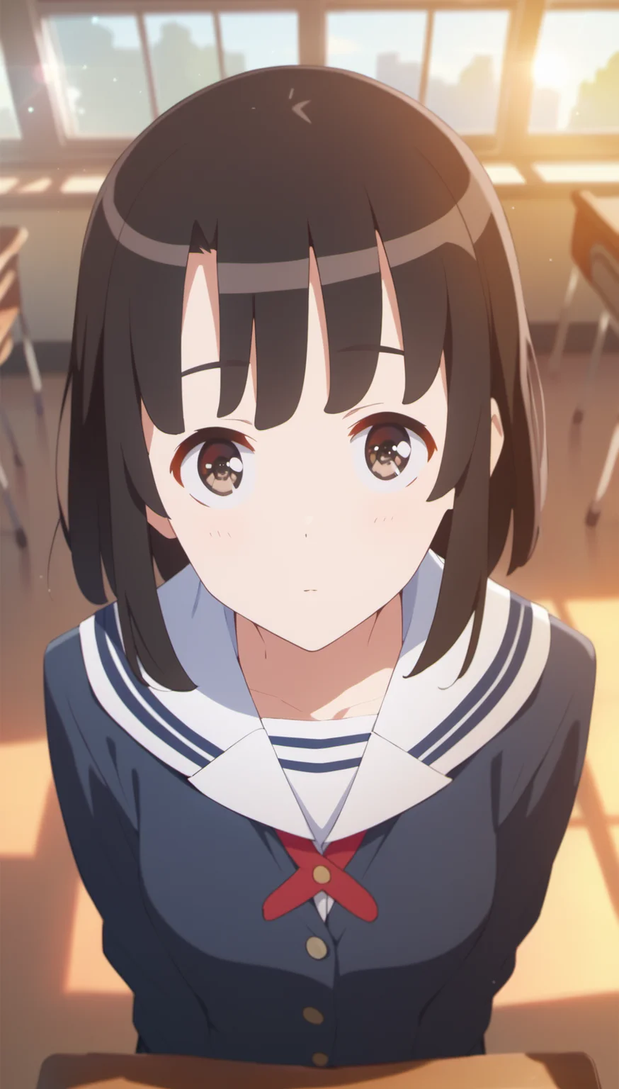 score_9,score_8_up,score_7_up,
<lora:megumikato:0.9>,
katomegumi,
1girl,solo,black hair,bangs,short hair,brown eyes,looking at viewer,blue school uniform,red bow tie,long sleeves,portrait,from above,face focus,
blurry background,bloom,bloom,light particles,lens flare,indoors,classroom,window,