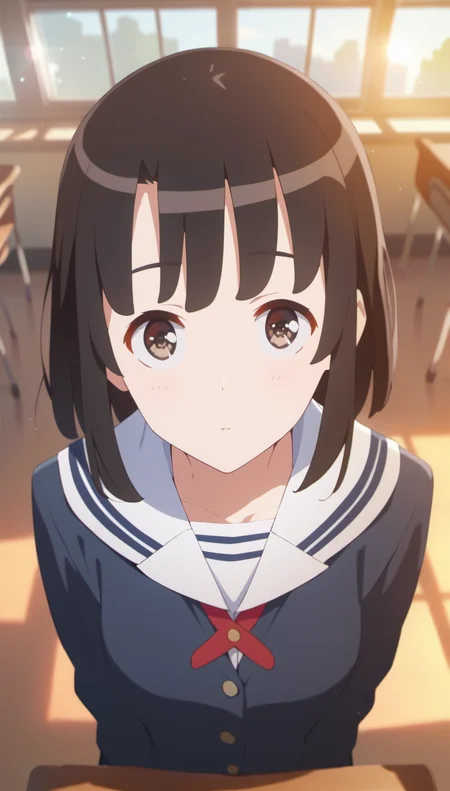 score_9,score_8_up,score_7_up,
<lora:megumikato:0.9>,
katomegumi,
1girl,solo,black hair,bangs,short hair,brown eyes,looking at viewer,blue school uniform,red bow tie,long sleeves,portrait,from above,face focus,
blurry background,bloom,bloom,light particles,lens flare,indoors,classroom,window,