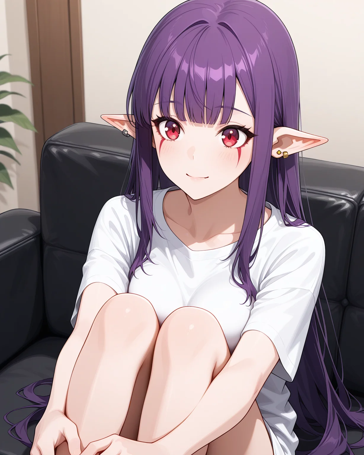 (:1.50),
sl-esil, red eyes, purple hair, blunt bangs, ear rings, ear piercings
medium breasts, 1girl,
(masterpiece, highres, ultra-detailed,very aesthetic, best quality, absurdres, high quality, highres),
happy,
,
(feet:0.90),
BREAK,
couch,
,
long hair sidelocks
(solo:0.60), (skinny:0.8),
<lora:sl-esil-V03-illXL:0.70>