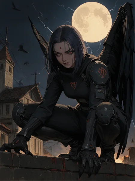 ( striking face shape, strong nose, striking eyes, expressive lips, strong jawline, high cheekbones, striking eyebrows ):3 (score_9, score_8_up), score_7_up, <lora:PonyRavenG40k:1> RavenG40k, 1girl, raven, claws, fangs, power armor, large raven wings, crouching on a rooftop of a building, night, blood moon, hunting, sneaking, lightning n\n\n\n<lora:jc_leyendecker_pony_v6_smooth:0.4>\n<lora:norman_rockwell_style_pony_v6-000040:0.8> <lora:Sinozick:0.7>\n\n embedding:zPDXL2 embedding:zPDXLxxx <lora:StS_age_slider_v1_initial_release:2>