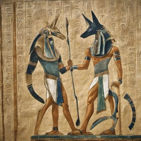 egyptian tomb mural of a <lora:stargateJackal-SDXL:1.0> stargateJackal, turist modern museum
