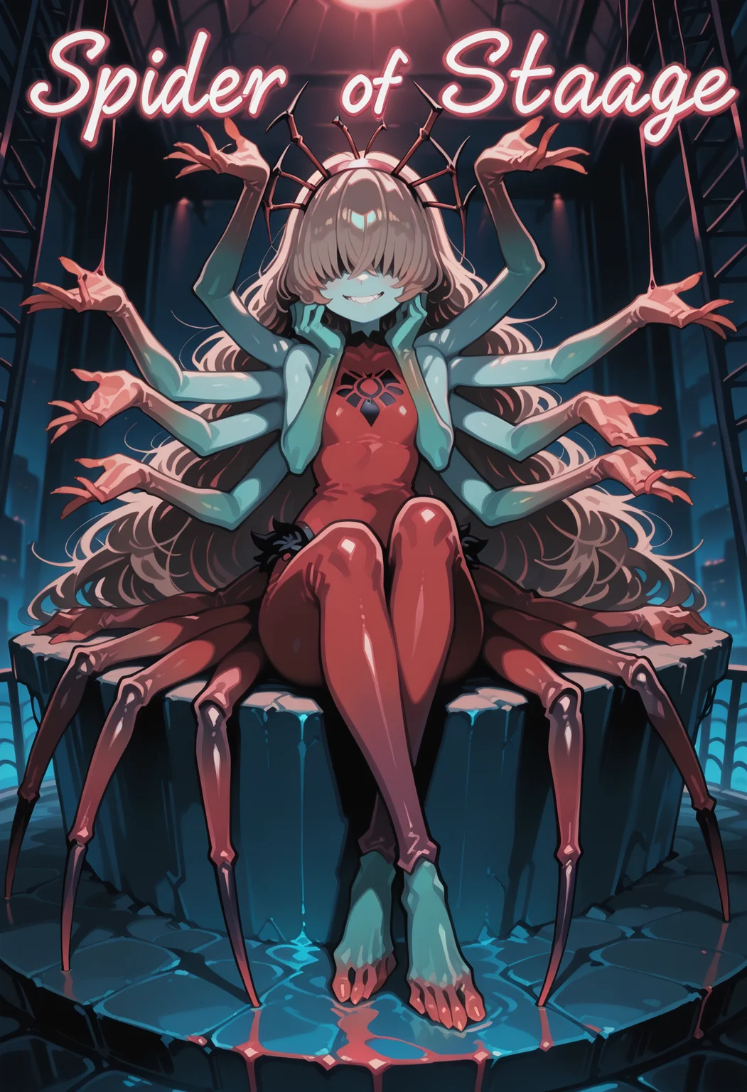 1girl, (monster girl, spider girl), spider arms, spider legs, insect antenna, black sclera, (colored skin, green skin), extra arms, multiple arms, lots of arms, brown hair, very long hair, hair over eyes,
BREAK 1girl, Sitting With Legs Stretched Out, Barefoot, turn red,
BREAK crimson bodysuit, hairband, framed eyewear, neon light, Club Stage,
BREAK safe, ((ino \(tellu0120\):1.05), (kuzuvine:1.1)), masterpiece, best quality, very aesthetic, absurdres, newest, <lora:ponyv5_noobE11_1_adamW:0.5>, <lora:lora:0.3>