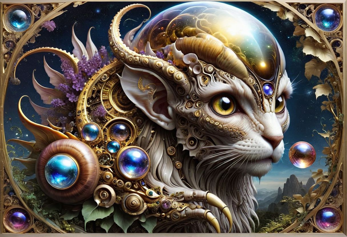 (full body portrait), ((an Ancient old woman with extremely long hair, siting on a space mushroom, in an intricate interstellar spacesuit holding a huge alien crystal ball, glowing, and blowing out many huge smoke rings)), (A giant snail|octopus attacking), intricate, (old:1.7), by Moebius and H. R. Giger, Da_Vinci, vitruvian, hyper detailed perfect hands, award winning on artstation.com,(intricate details, masterpiece, best quality:1.4), looking at viewer, dynamic pose, wide angle view, dense fog, Different shades of wisteria and grape, embellished with gold decoration, fractal art, in the style of nicola samori, Intense gaze, Bright... ,Model, expression, anthro, Rainbowiridal palette eyes, Shiny..., Bright..., Intense gaze, Ice dragon eyes, hombre cat eyes, Biomech, ink drawing, anatomical, Da_Vinci, vitruvian