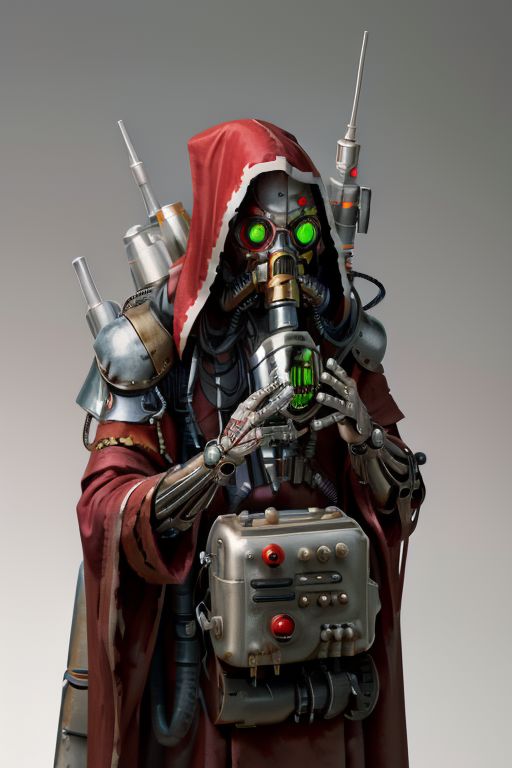 ((masterpiece,best quality)), absurdres, mechanical arms, robes, hood, ((techpriest)), cyborg, mechanical face, (cyber_tech ) mechanical limbs, gas mask, red robe, 1other, solo,