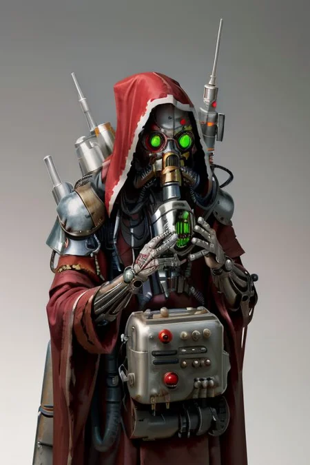 ((masterpiece,best quality)), absurdres, mechanical arms, robes, hood, ((techpriest)), cyborg, mechanical face, (cyber_tech ) mechanical limbs, gas mask, red robe, 1other, solo,