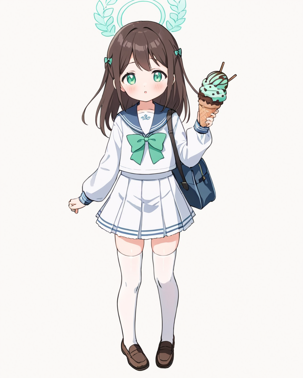 airi \(blue archive\),1girl, solo, white_serafuku, halo, white_thighhighs, white_skirt, white_background, simple_background, long_sleeves, sailor_collar, blush, green_bow, looking_at_viewer, full_body, white_shirt, pleated_skirt, two_side_up, loafers, bowtie, holding_food, school_bag, standing, :o, zettai_ryouiki, ice_cream, brown_footwear, parted_lips, black_footwear
<lora:airi_(blue_archive)_image38_batch3_v1:1>,halo,. gorgeous,key visual, vibrant, studio anime,award-winning, professional, highly detailed,high budget, cinemascope