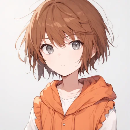 anime coloring, score_9, score_8_up, score_7_up, score_6_up, kinuhata saiai, toaru, 1girl, hood, solo, brown hair, hoodie, short hair, orange hoodie, :<, sleeveless hoodie, looking at viewer, gray eyes, white shirt, upper body