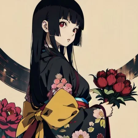enma ai, hair down, hair black, bangs, eyes red, masterpiece, best quality, ultra-detailed, illustration, 1girl, solo, highres, photorealistic, ultra high res, (Original illustration composition), (fusion of limited color, Maximalism artstyle, kimono obi fashion, double exposure, background, illustration, Amazing, lily spider, night darkness, open one's mouth, flowers red, (polychromatic peony:1.15), Movie poster,