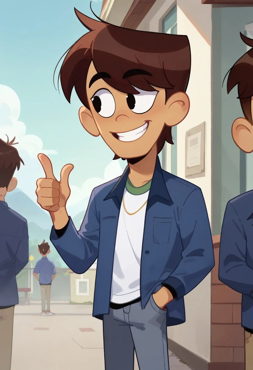 Depth of field.score_9_up, score_8_up, score_7_up, Ollie Chen, brown hair,dark-skinned male,black eye, short hair,blue jacket, white shirt, pants, 1male, hand in pocket, solo, smile, thumbs up