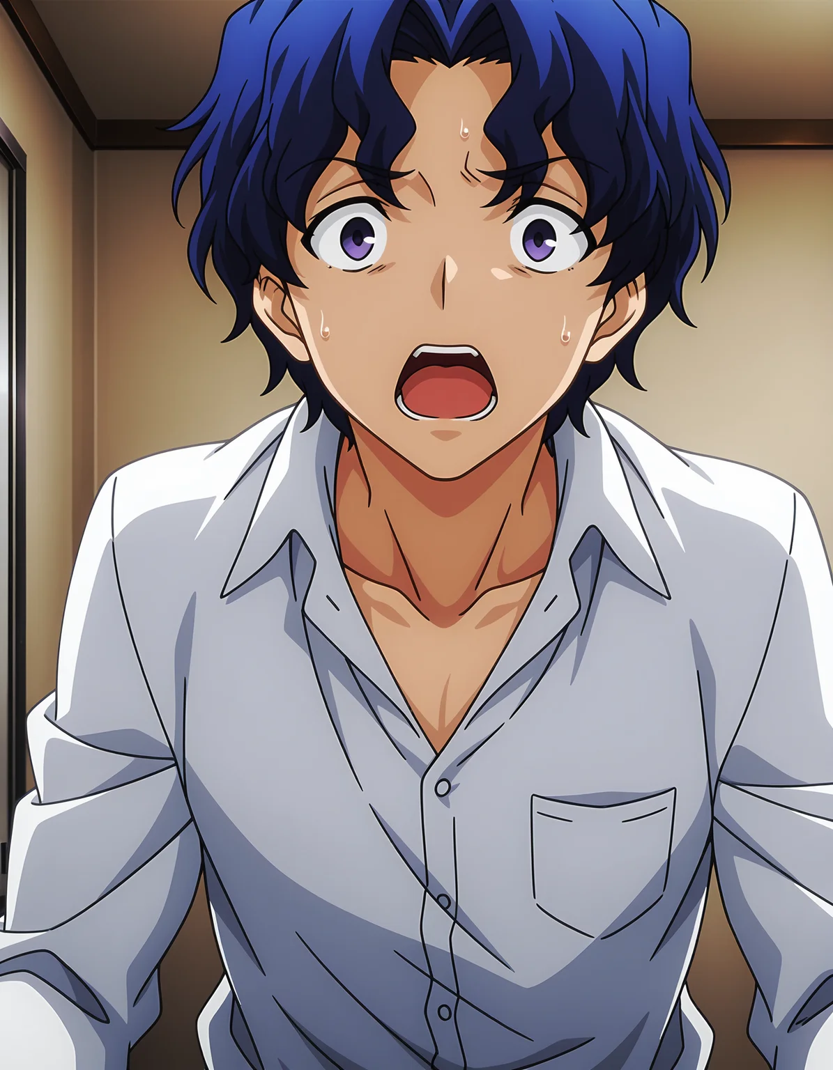 masterpiece, best quality, amazing quality, anime screenshot, 1boy, male focus,
ShinjiMatoHHIL-V1, blue hair, short hair, wavy hair, purple eyes, blue eyes,
white shirt, dress shirt, long sleeves, open collar,
looking at viewer, surprised, wide-eyed, open mouth, sweat,
indoors, upper body,
<lora:ShinjiMatoHHIL-V1:0.85>, <lora:dmd2_sdxl_4step_lora:1>,