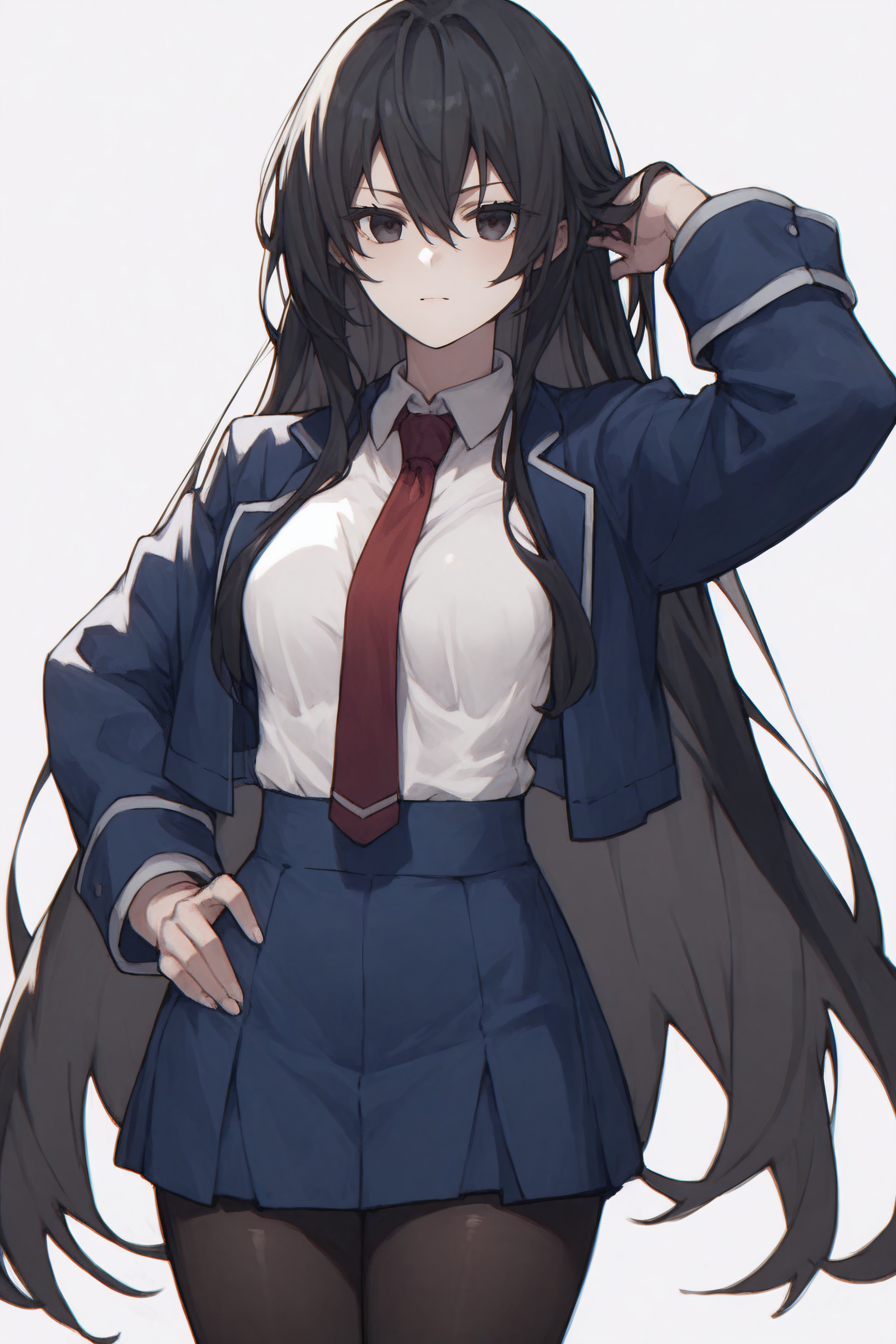 score_9, score_8_up, score_7_up, source_anime, <lora:Kirukiru Amou-PonyXL-lora-Faxtron:0.8> kirukiru amou, black eyes, black hair, very long hair, medium breasts, cropped blue blazer, white shirt, red necktie, blue skirt, black pantyhose,