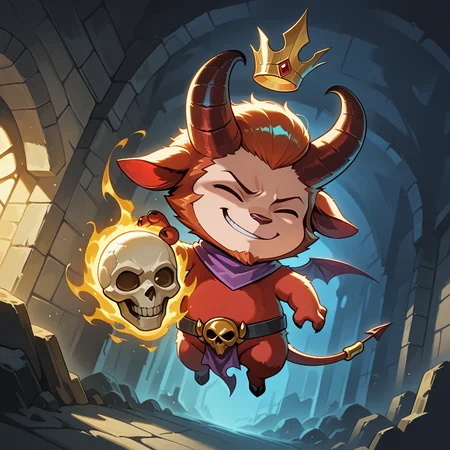 vibrant, beutiful quality, , detailed background, dungeon, smirk, flying, inferno, dynamic angle, dynamic pose, lying,
, <lora:teemo-v3-000014:1> wrtmonio, satyr, 1boy, (chibi:0.5), (plump:0.5), closed eyes,
, purple bandana, pelvic curtain, skull belt, black belt, tail ring, floating_crown, tail ornament