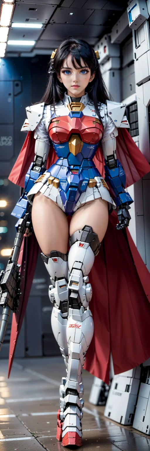 (8k, RAW photo, best quality, masterpiece:1.3), realistic, <lora:sdxl_loha_RX78_v2:0.9>, gundam\(RX78\), 1girl, solo, long hair, black hair, mobile suit, holding, mecha, huge breasts, looking at viewer, blue eyes, (full body:3), bangs, science fiction, open mouth, covered navel, skin tight, weapon, tail, long pants, dancing, red skirt, long shoes, long cape, leg armor:1.5, white thighhighs,