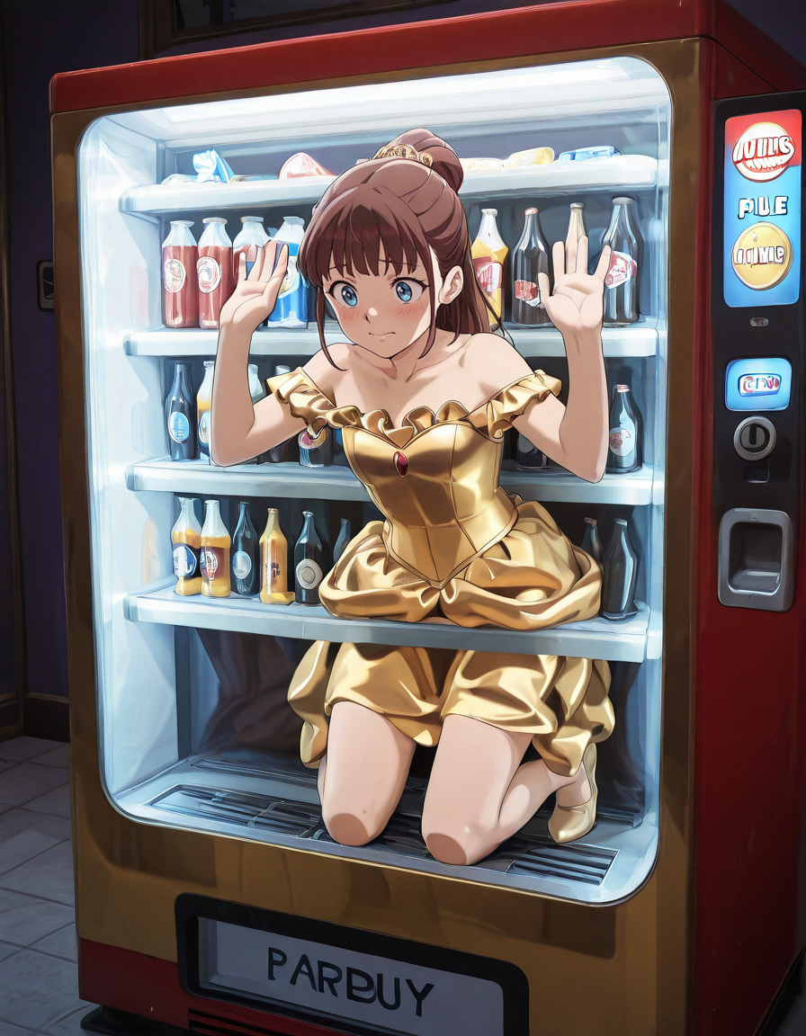 anime artwork masterpiece, best quality,  <lora:VendingMachineQuiron_illus:1>    vendingMachineXquiron ,  trapped inside a baby blue vending machine, stuck in  object, stuck, public use,  a mustard vending machine , beer, soda, soft drinks,  glass of beer, beer bottle, wine bottle, vending_machine , trapped inside, against glass,   , solo, Belle (Beauty and the Beast): Belle's iconic yellow ball gown is an enchanting creation. The full-length dress features a fitted bodice with off-the-shoulder sleeves, made from luxurious satin or silk fabric. The bodice is typically embellished with intricate gold embroidery, beads, or sequins, creating an elegant and regal appearance. The skirt is voluminous, often consisting of multiple layers of tulle or organza that cascade down to the floor. The layers add depth and movement to the dress, giving it a fairy-tale-like quality. Belle's dress is often paired with yellow or gold ballet flats or slippers, completing her enchanting look., . anime style, key visual, vibrant, studio anime,  highly detailed