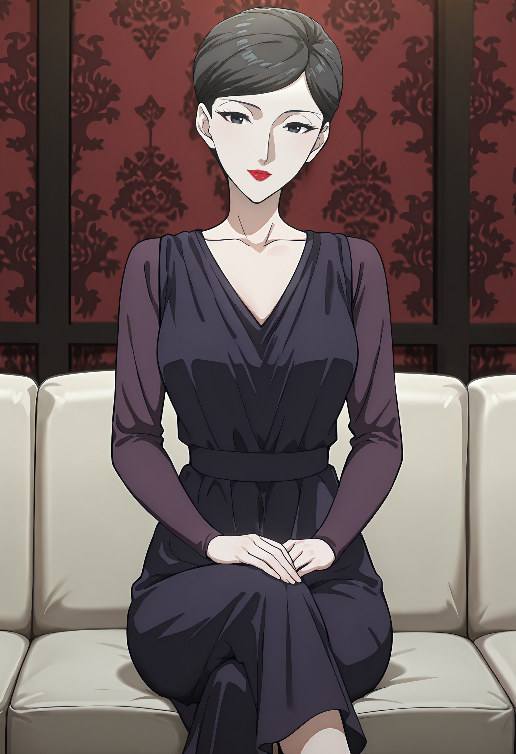 best quality, amazing quality, perfect quality, high quality, masterpiece, absolutely eye-catching BREAK
<lora:Migi_to_Dali_-_Reiko_Ichijo:1> MigiReiko, black eyes, black hair, short hair, single hair bun, parted bangs, red lipstick, medium breasts BREAK
purple dress, long skirt, long sleeves BREAK
indoors, sofa, red wallpaper, patterned wallpaper BREAK
1girl, solo, sitting, hands on knees, crossed legs, light smile, head tilt, looking at viewer, cowboy shot, dutch angle