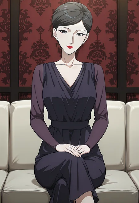 best quality, amazing quality, perfect quality, high quality, masterpiece, absolutely eye-catching BREAK
<lora:Migi_to_Dali_-_Reiko_Ichijo:1> MigiReiko, black eyes, black hair, short hair, single hair bun, parted bangs, red lipstick, medium breasts BREAK
purple dress, long skirt, long sleeves BREAK
indoors, sofa, red wallpaper, patterned wallpaper BREAK
1girl, solo, sitting, hands on knees, crossed legs, light smile, head tilt, looking at viewer, cowboy shot, dutch angle