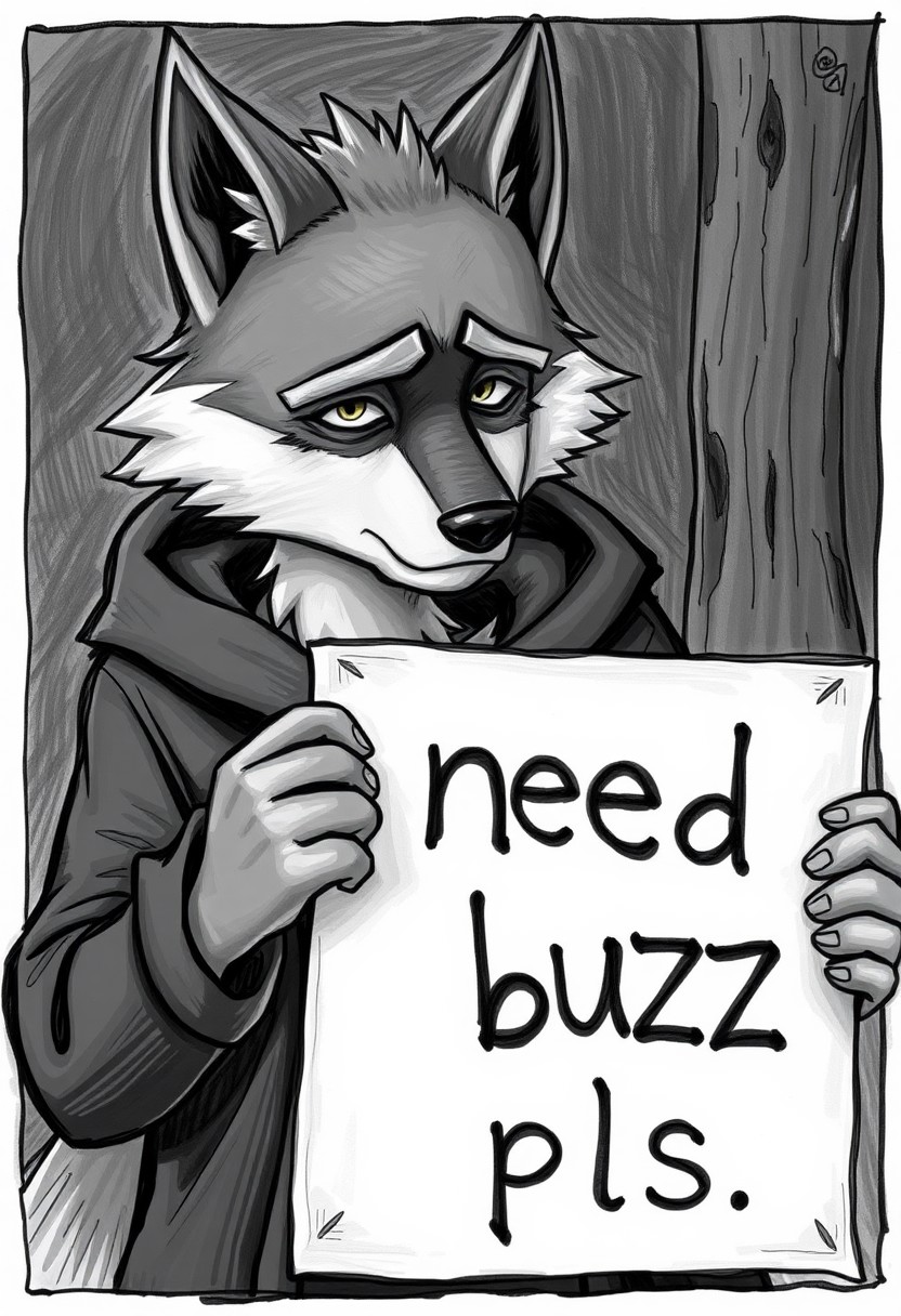 A very sad wolfboy holding a sign that says "need buzz pls"