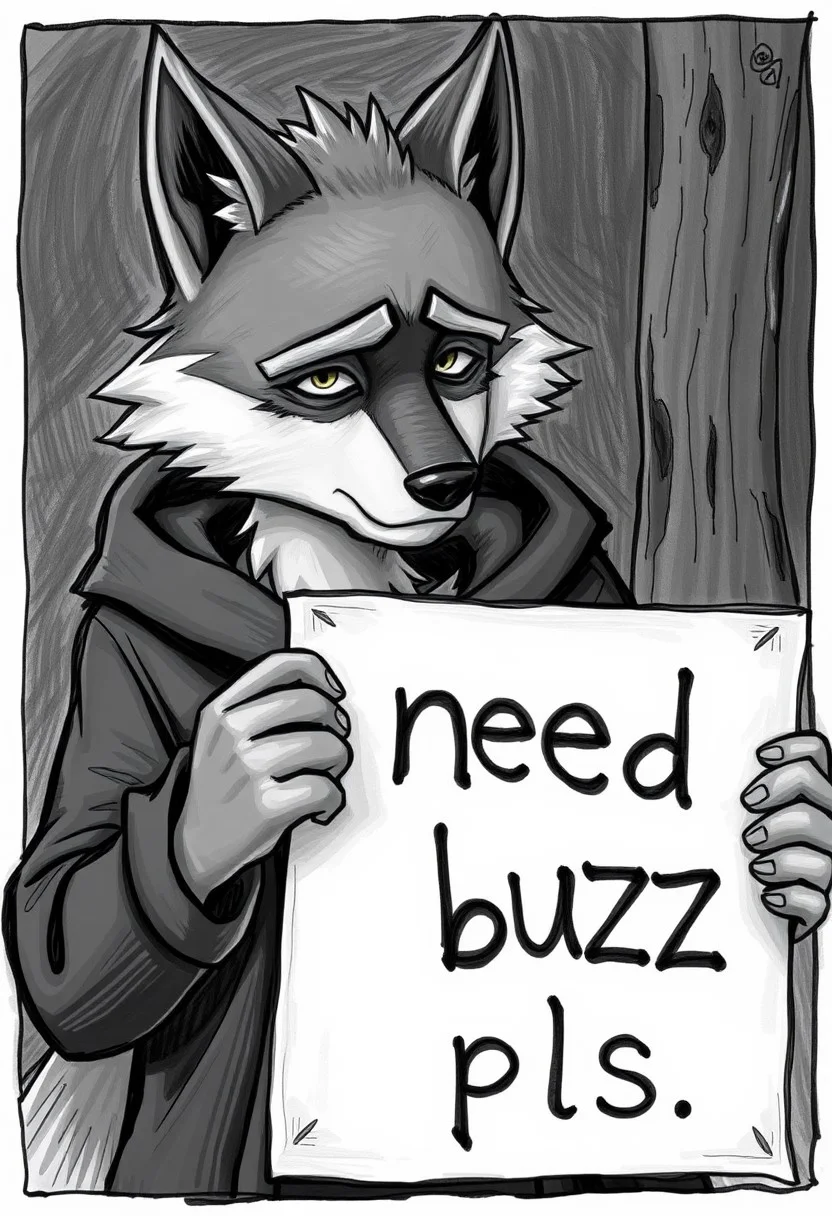 A very sad wolfboy holding a sign that says "need buzz pls"