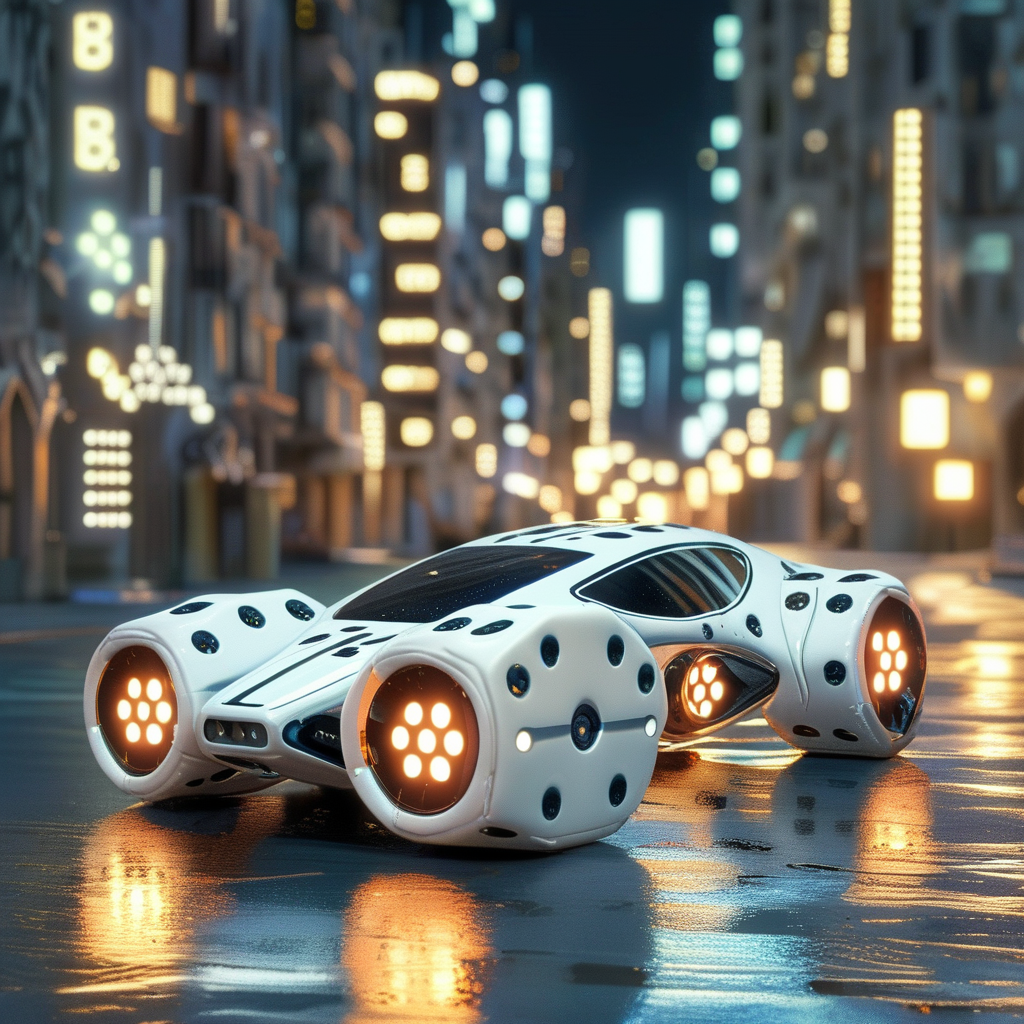 dice futuristic car in city night<lora:dice:1>