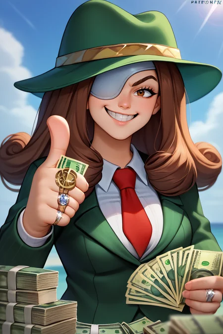 score_9, score_8_up, score_7_up, BREAK,  <lora:gangstersb-guy-PONYv1:1>, gangstersb, thumbs up, grin, smile, money, holding money, portrait, cropped torso, looking at viewer, ring, formal, hat, necktie, suit, green headwear, striped,  <lora:ff9beatrix-pdxl-nvwls-v1:0.9> ff9beatrix, brown hair, eyepatch, cleavage, 1girl, solo,